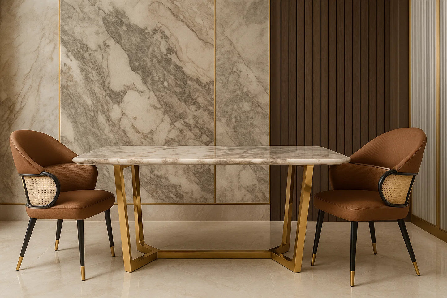 Dining table with marble top and gold legs, accompanied by two brown chairs in a room with marble wall and dark curtains.