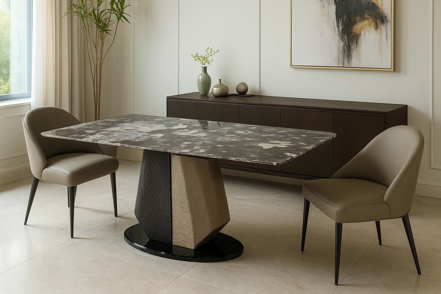 Luxury black marble rectangular dining table with dual-textured pedestal on a glossy black plinth, styled with taupe cocoon-back chairs.