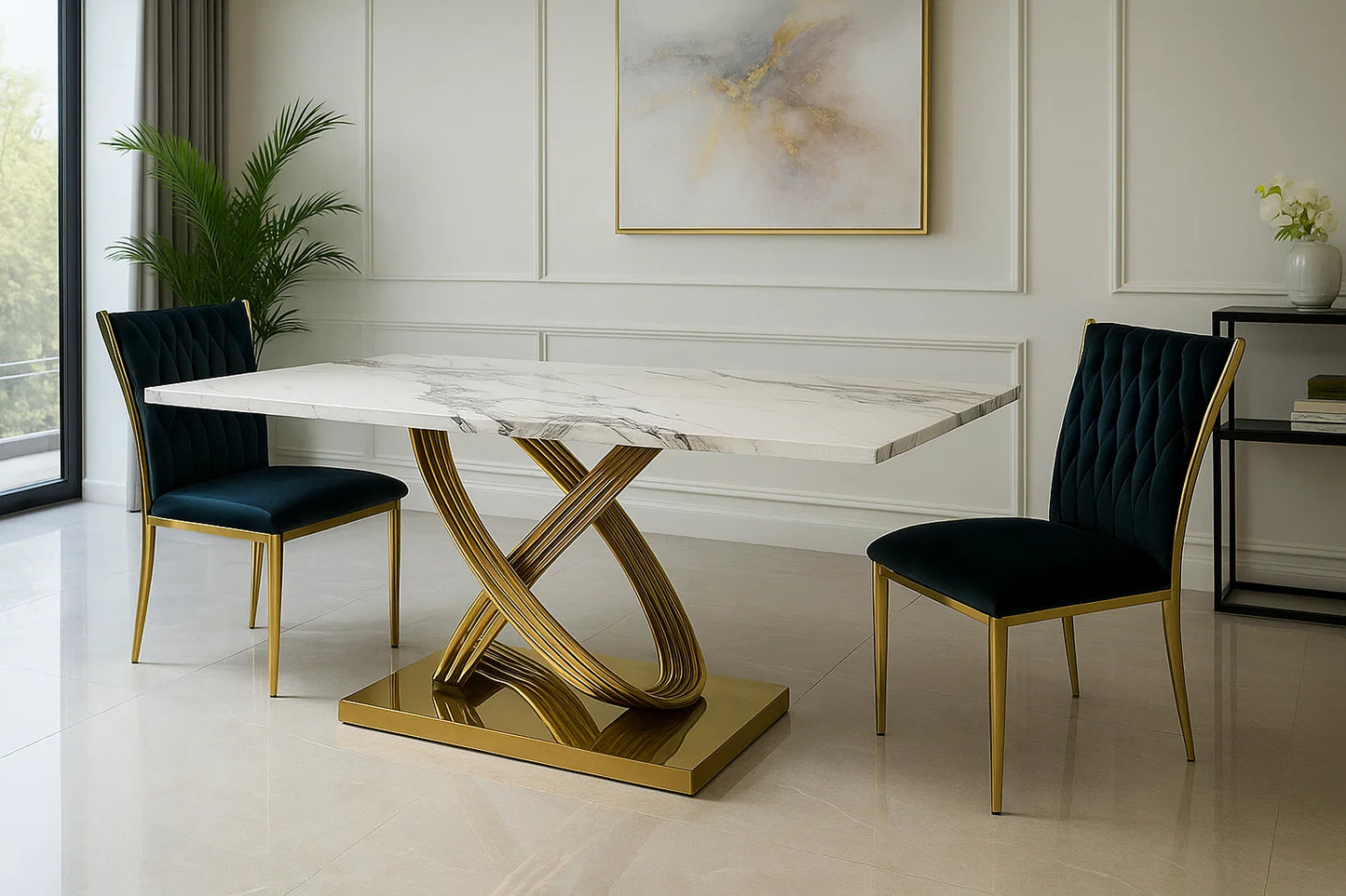 Luxury marble dining table with sculptural gold base and emerald velvet chairs in an elegant contemporary interior.