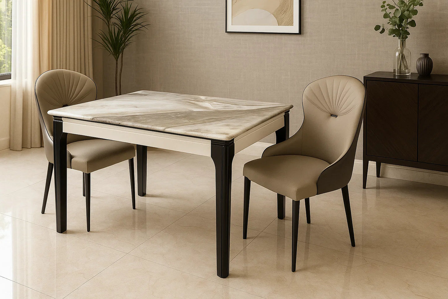 Luxury marble table and beige chairs in a well-lit room.