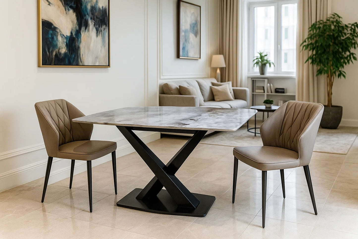 Luxury Dining room with marble table and chairs in a modern living space