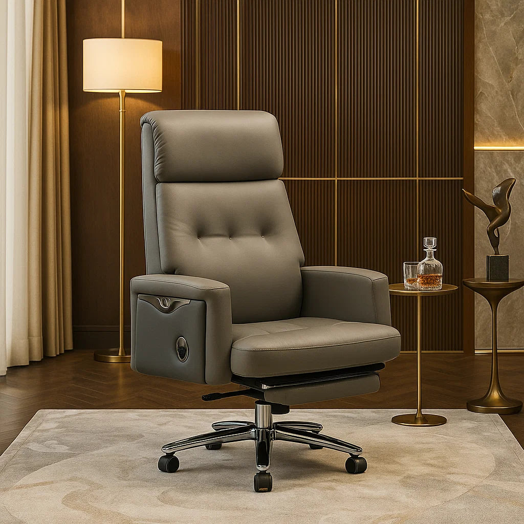 Luxury grey leather revolving boss chair with high backrest and chrome base