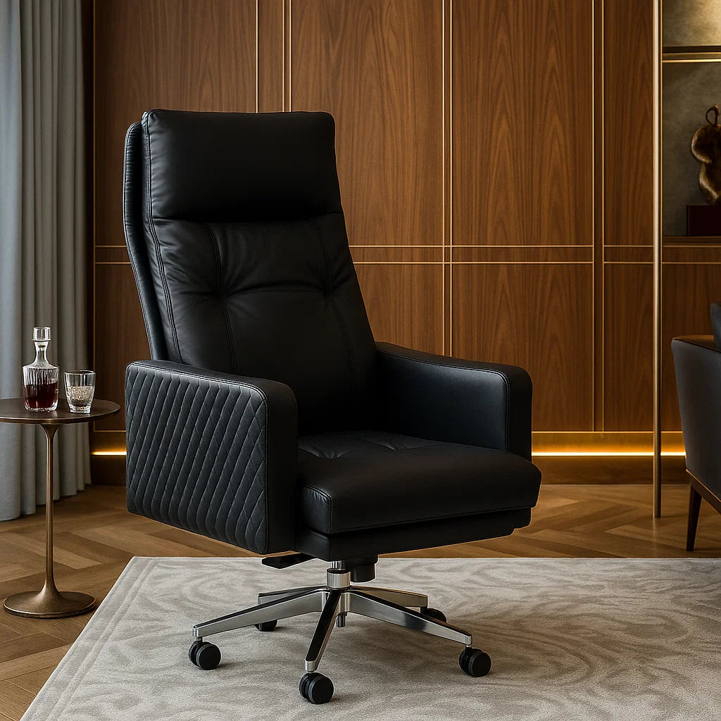 Black leather office chair in a modern room with wooden paneling.