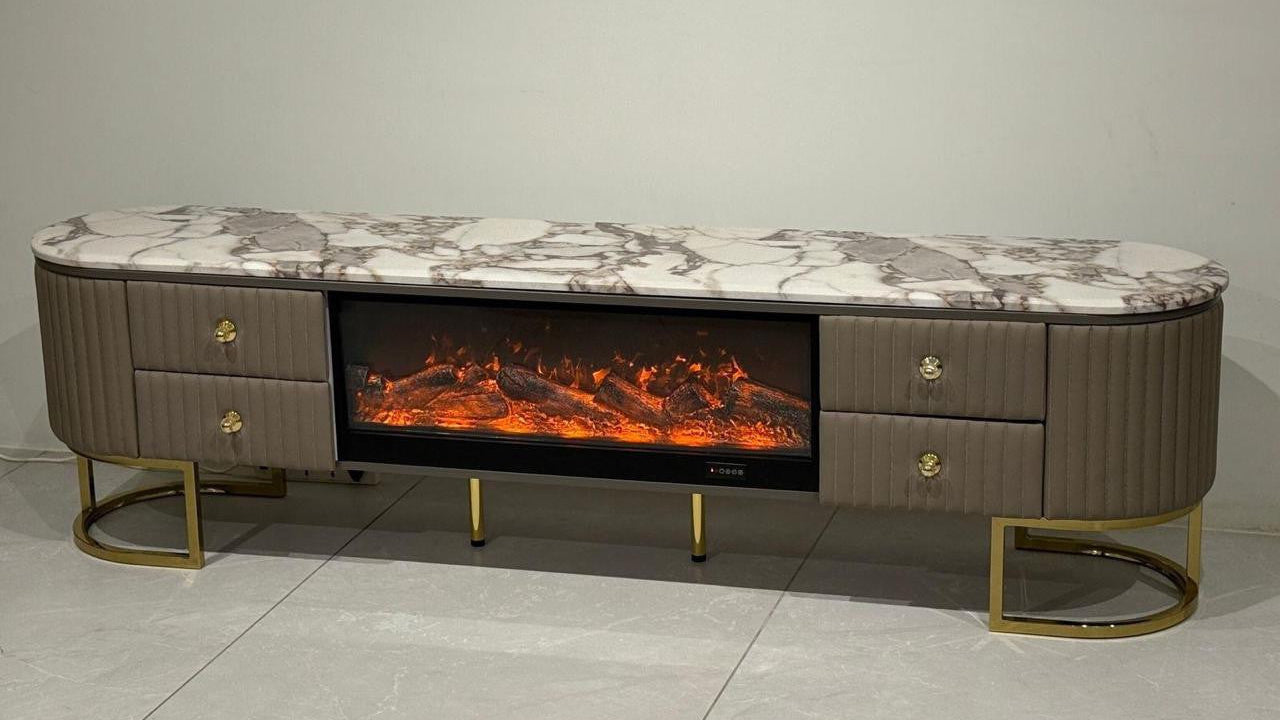 TV stand with marble top and electric fireplace display on a neutral background