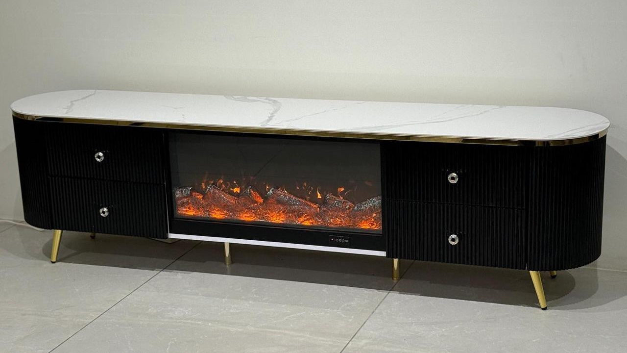 Modern TV stand with electric fireplace display on a gray floor.