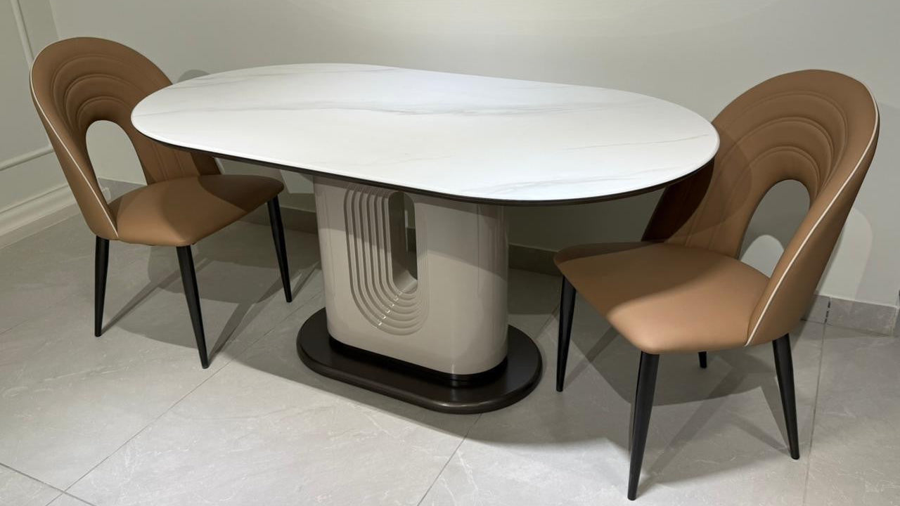 Dining table set with two chairs on a tiled floor