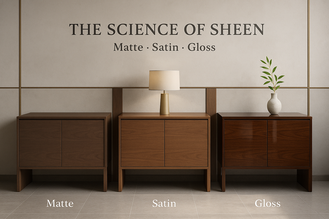 Three Consoles, Three Sheens (teaches at a glance)  On-image text (exact): THE SCIENCE OF SHEEN Matte · Satin · Gloss