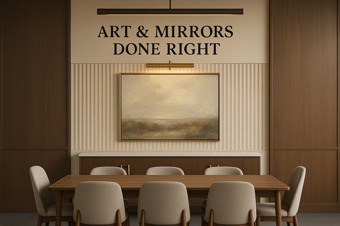 “Dining Wall, Art + Picture Light Rules”  On-image text (exact): ART & MIRRORS DONE RIGHT