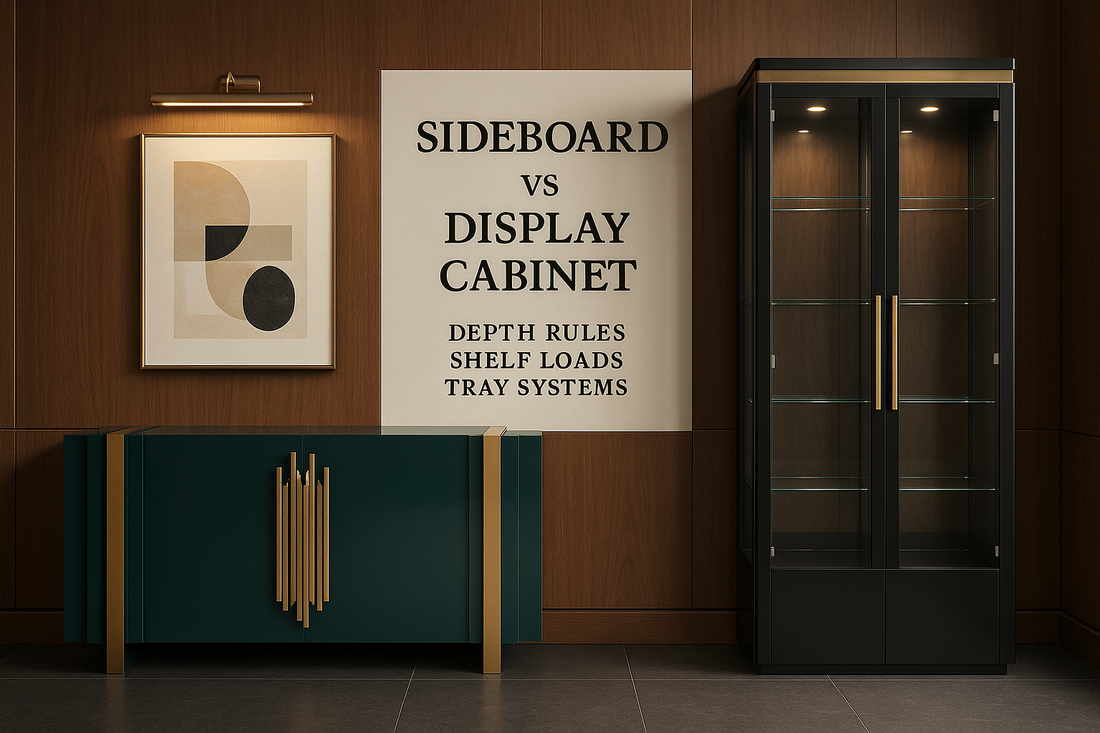 COVER — “Choose by Depth & Load” On-image text (exact):  SIDEBOARD vs DISPLAY CABINET  Depth Rules · Shelf Loads · Tray Systems