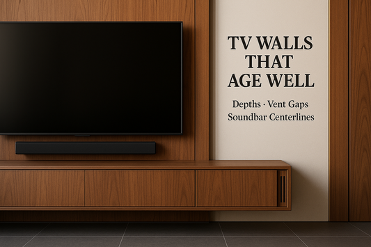 COVER — “TV Walls That Age Well” On-image text (exact):  TV WALLS THAT AGE WELL  Depths · Vent Gaps · Soundbar Centerlines