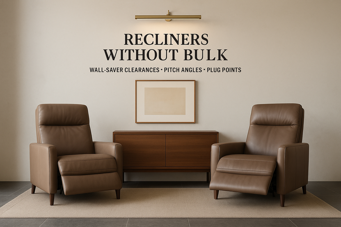 COVER — “Recliners Without Bulk” On-image text (exact):  RECLINERS WITHOUT BULK  WALL-SAVER CLEARANCES · PITCH ANGLES · PLUG POINTS