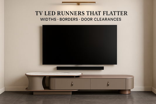COVER — “TV LED RUNNERS THAT FLATTER” On-image text (exact):  TV LED RUNNERS THAT FLATTER  WIDTHS · BORDERS · DOOR CLEARANCES