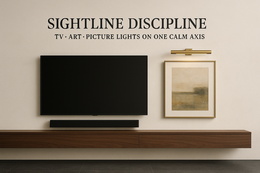 COVER — “Sightline Discipline” On-image text (exact):  SIGHTLINE DISCIPLINE  TV · ART · PICTURE LIGHTS ON ONE CALM AXIS