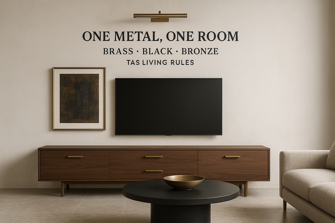Cover Text (exact):  ONE METAL, ONE ROOM  BRASS · BLACK · BRONZE — TAS LIVING RULES