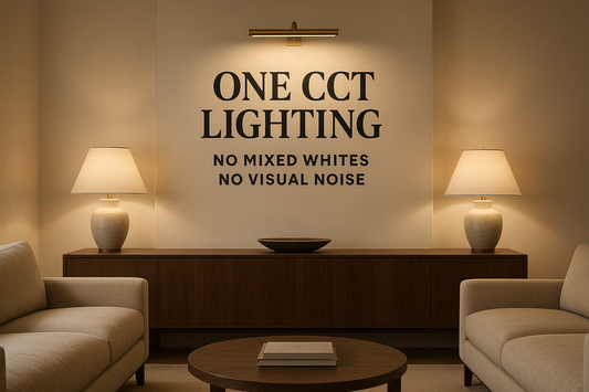 On-image text (exact):  ONE CCT LIGHTING  NO MIXED WHITES · NO VISUAL NOISE, Walnut console with brass picture light and lamps all at 2700 K soft white; no mixed temperatures.