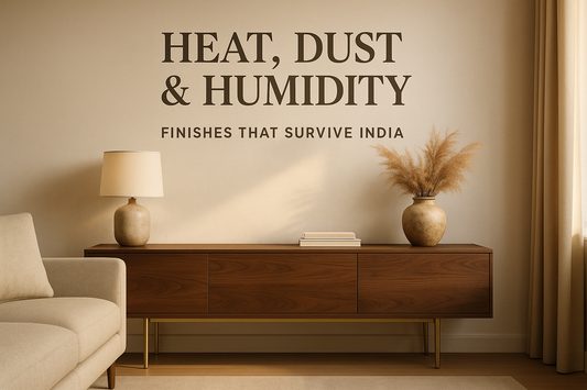 Cover Text (exact):  HEAT, DUST & HUMIDITY  FINISHES THAT SURVIVE INDIA. heat resistant furniture finish, humidity proof furniture india, dust resistant furniture materials, luxury furniture care india, tropical climate furniture finishes