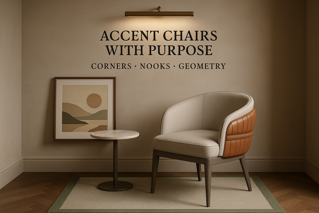 Cover Text (exact):  ACCENT CHAIRS WITH PURPOSE  CORNERS · NOOKS · GEOMETRY. accent chair placement india, corner chair design, living room chair ideas, luxury accent chair design, chair geometry rules, small space luxury furniture