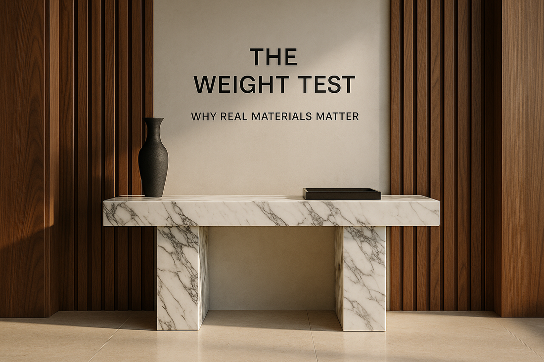 Luxury marble console with sculptural objects in a premium interior setting — TAS Living