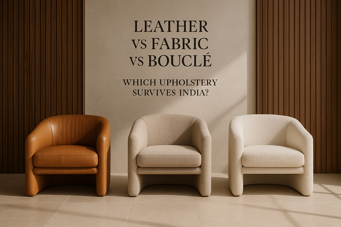 Luxury sofa upholstery materials—leather, fabric, boucle—in a premium interior setting — TAS Living.