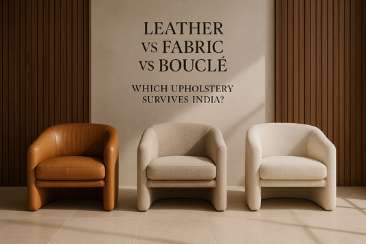 Luxury sofa upholstery materials—leather, fabric, boucle—in a premium interior setting — TAS Living.