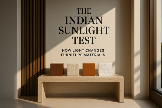 Luxury living room console and seating with sunlight falling across wood and stone finishes — TAS Living.