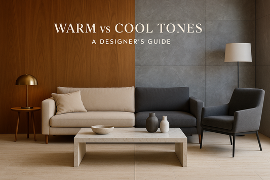 Luxury Indian living room divided subtly by temperature: left half with warm walnut wall, warm beige sofa, brass lamp; right half with cool grey stone wall, cool white marble coffee table, charcoal chair. Seamless, elegant transition. TAS Living