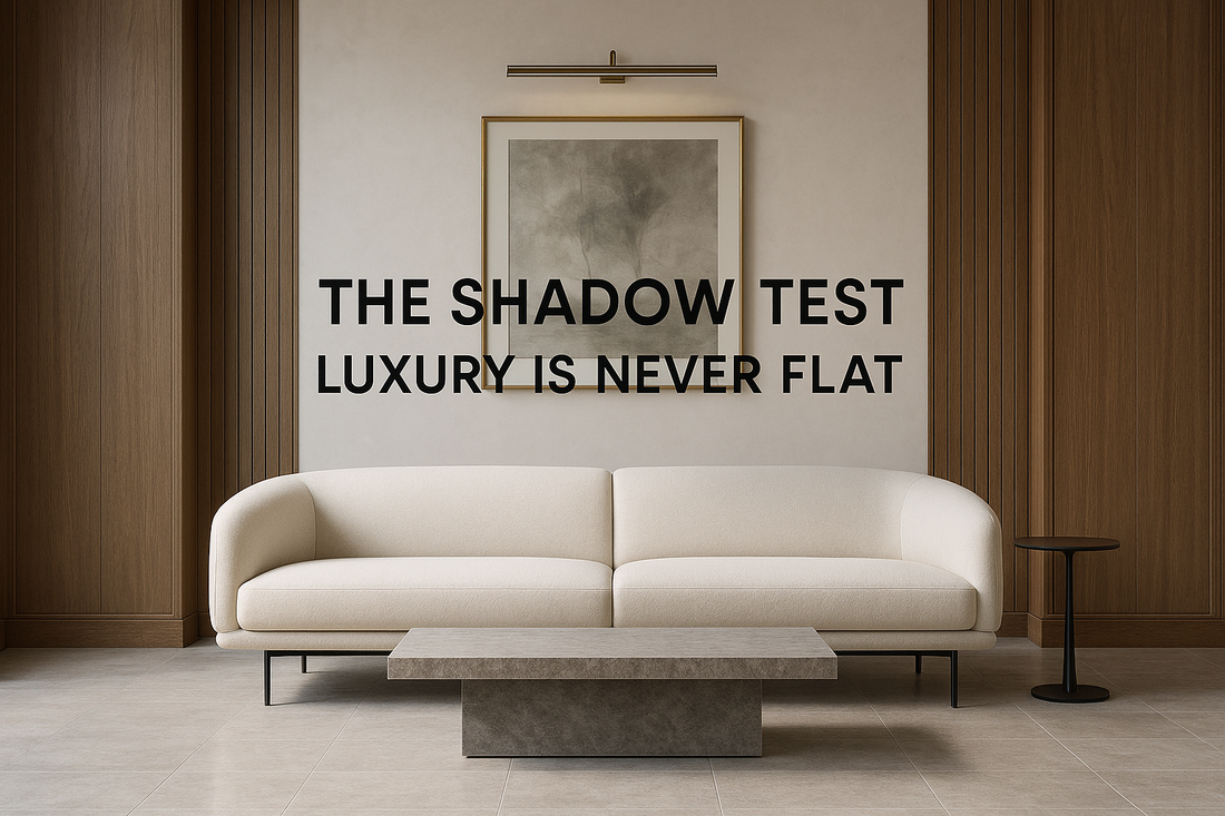   Luxury living room showing floating furniture casting elegant shadows on stone flooring.