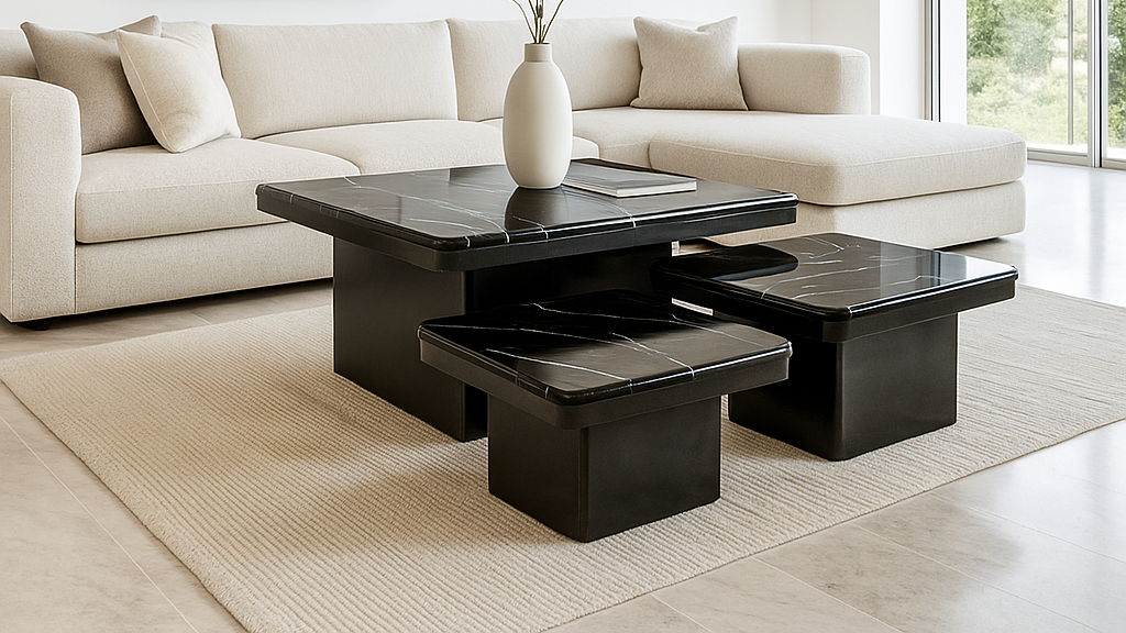 Luxury black marble center coffee table with matching nested stools in a modern minimalist living room with beige sectional sofa.