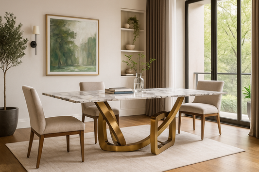 Luxury marble dining table set with sculptural metallic base and two upholstered chairs in an elegant modern interior