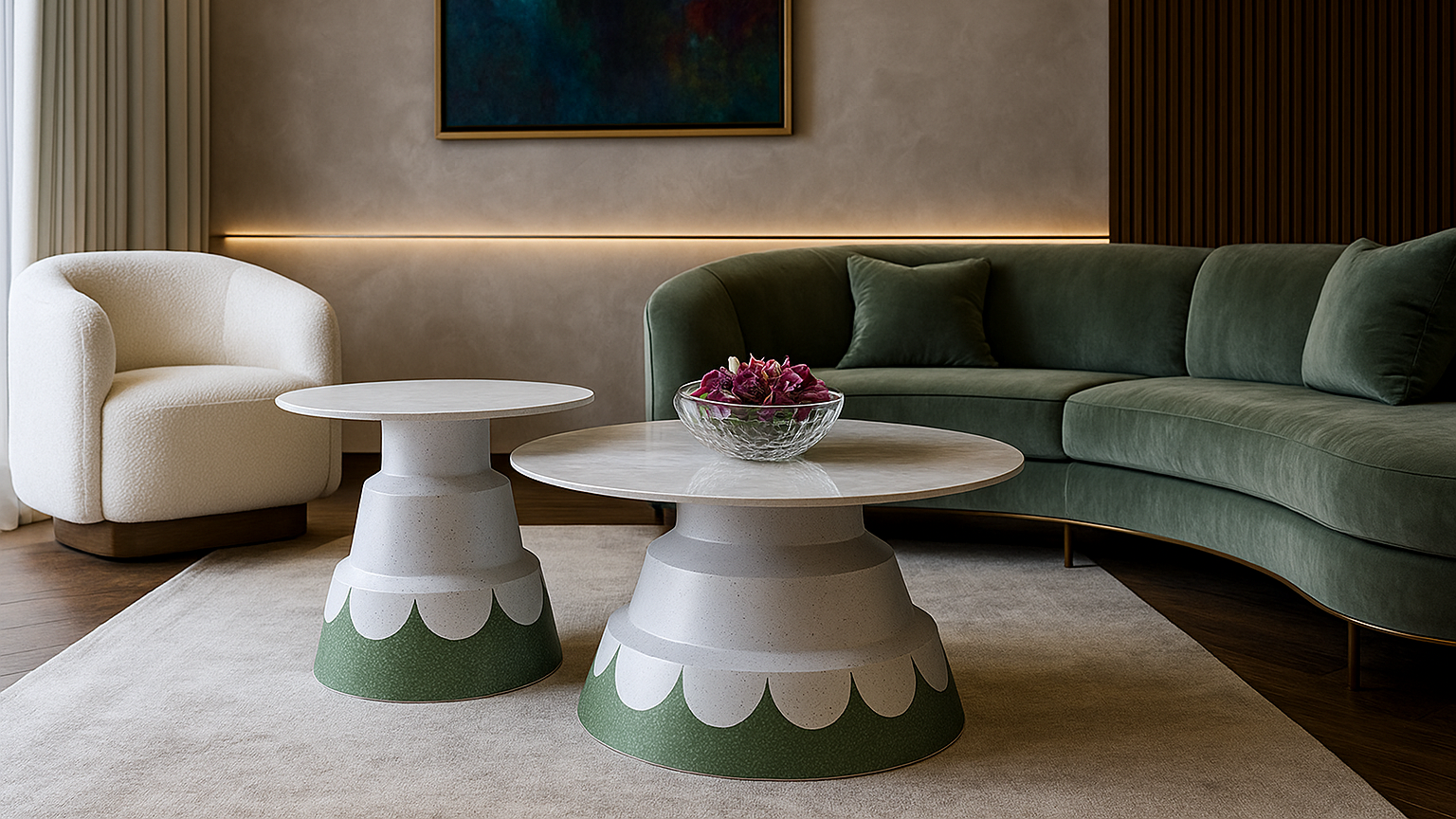 Pair of round marble-top center tables with scalloped green artistic bases

