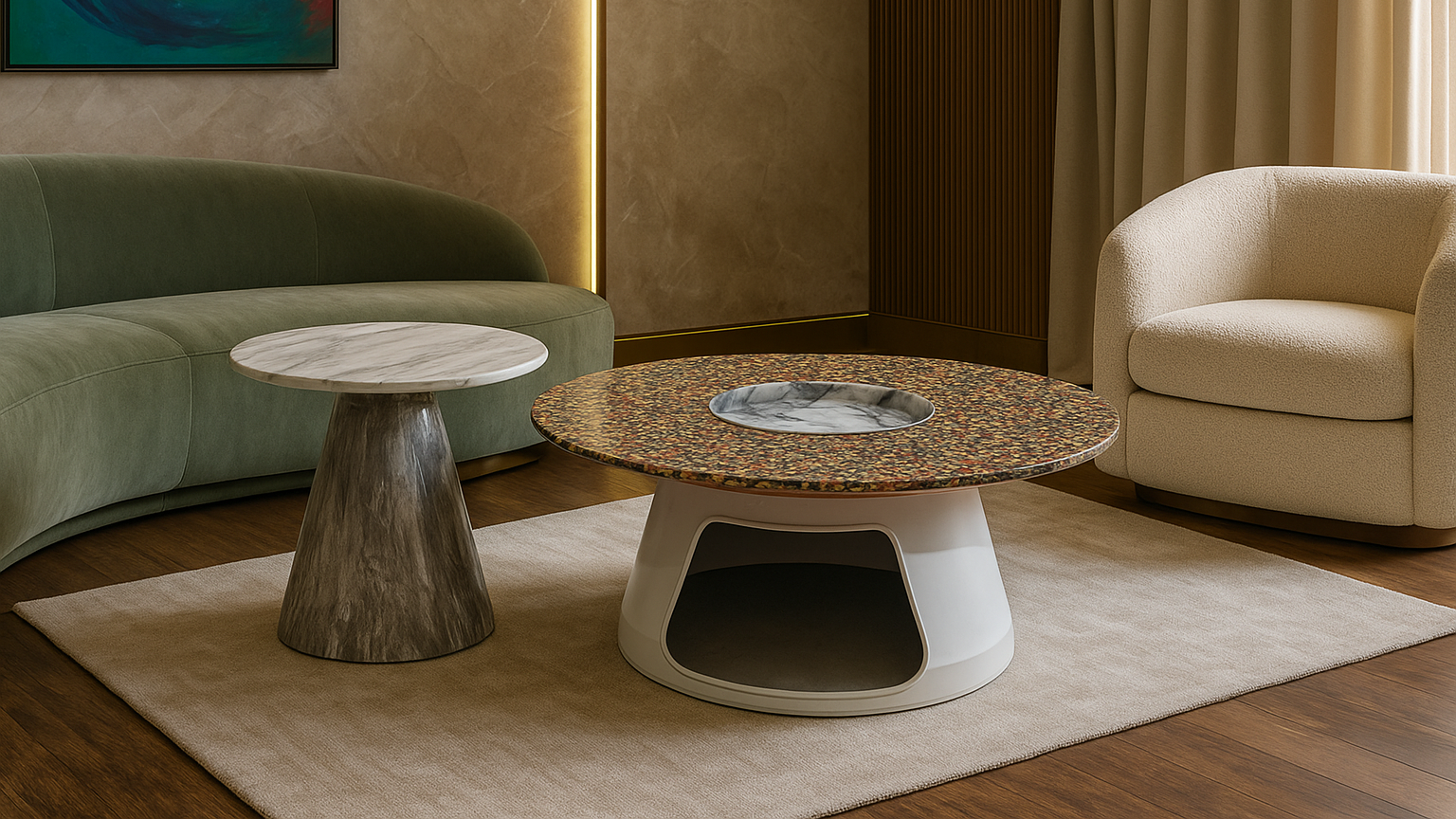 Dual center coffee table set with terrazzo and marble textures in an artistic luxury finish