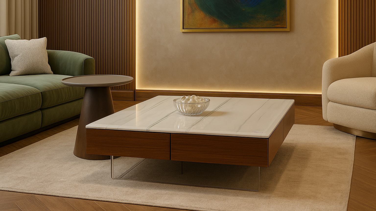 Modern marble and walnut center table with acrylic base and round taupe side companion
