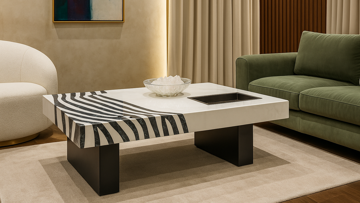 Designer marble-effect center coffee table set with sculptural silhouette for modern living rooms.

