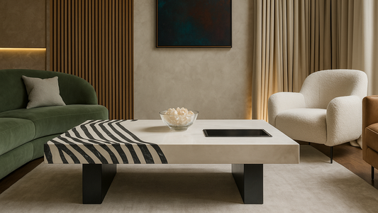 Designer marble-effect center coffee table set with sculptural silhouette for modern living rooms.

