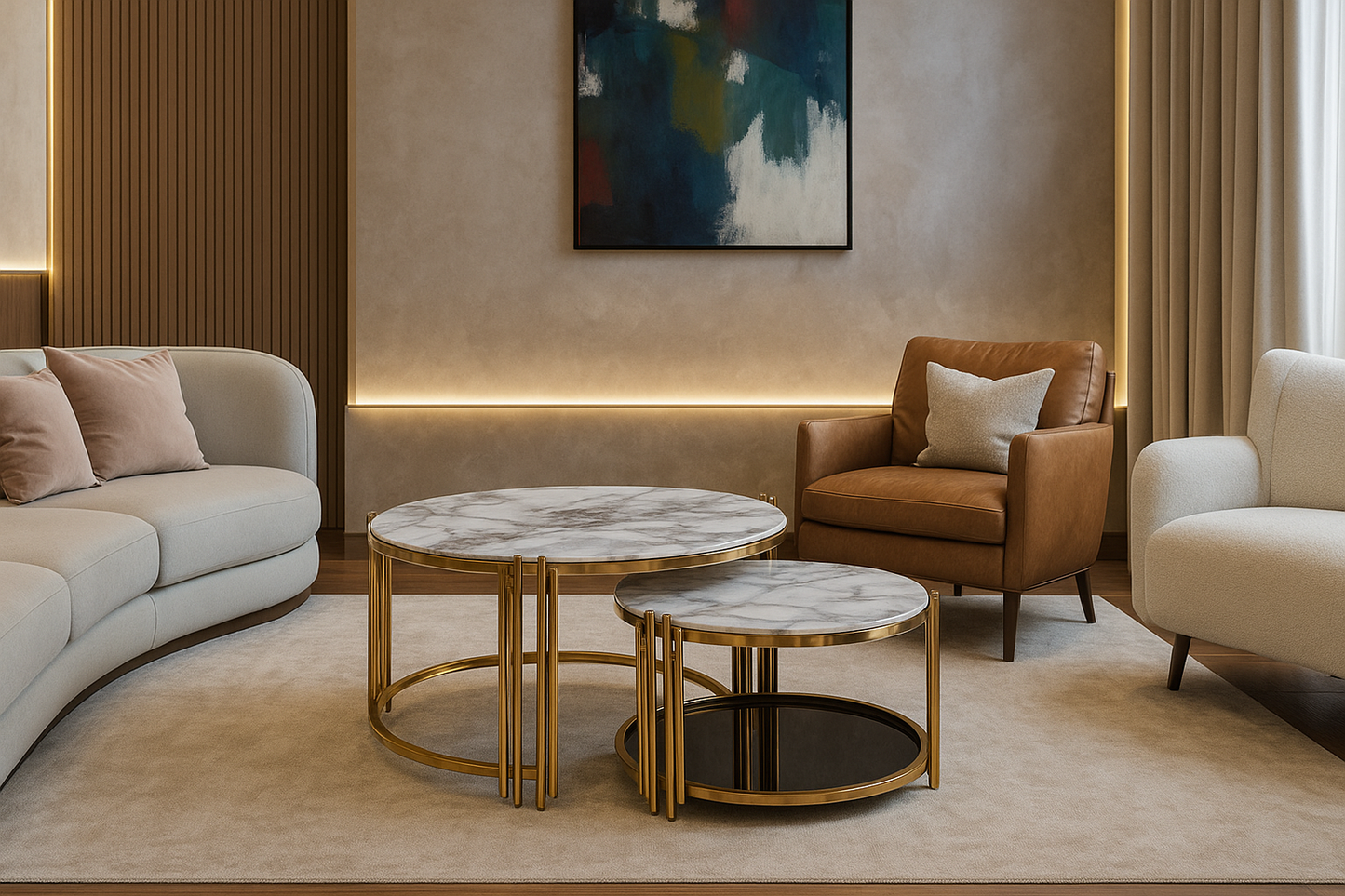 Round marble nest center tables with gold metal base and dual-tone veined tops
