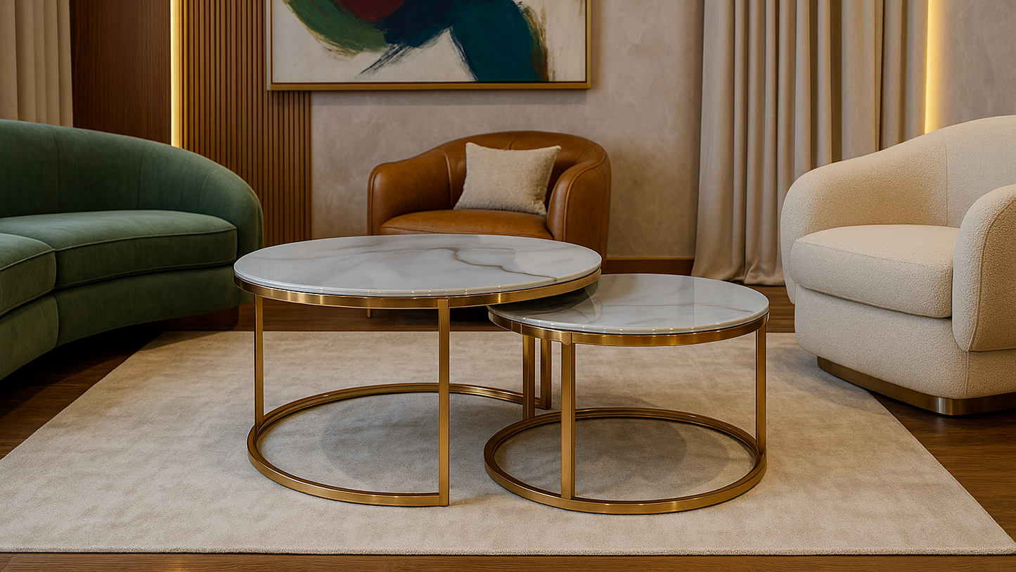 Opal marble and gold metal nesting round center coffee table set – TAS Living