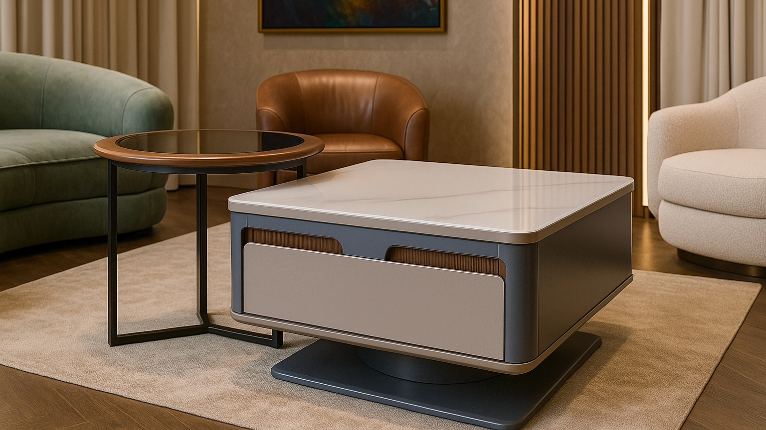 Two-piece marble and glass top center table set with matte grey frames
