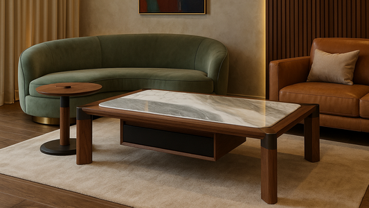 Luxury wood and marble center table with storage and companion round side table

