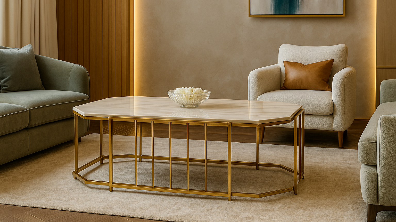 Luxury rectangular marble center coffee table in rose gold finish with black shelf