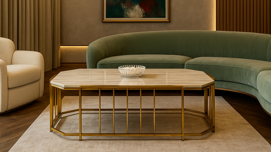 Luxury rectangular marble center coffee table in rose gold finish with black shelf