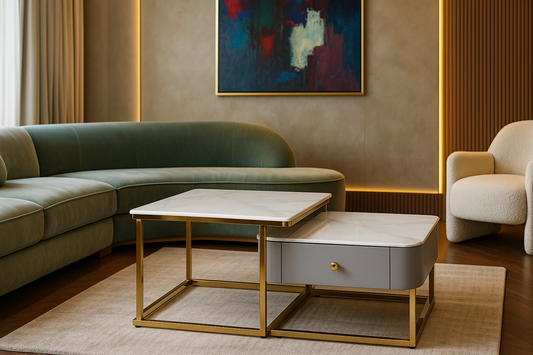 Square white marble and gold nesting center coffee table with grey drawer – TAS Living