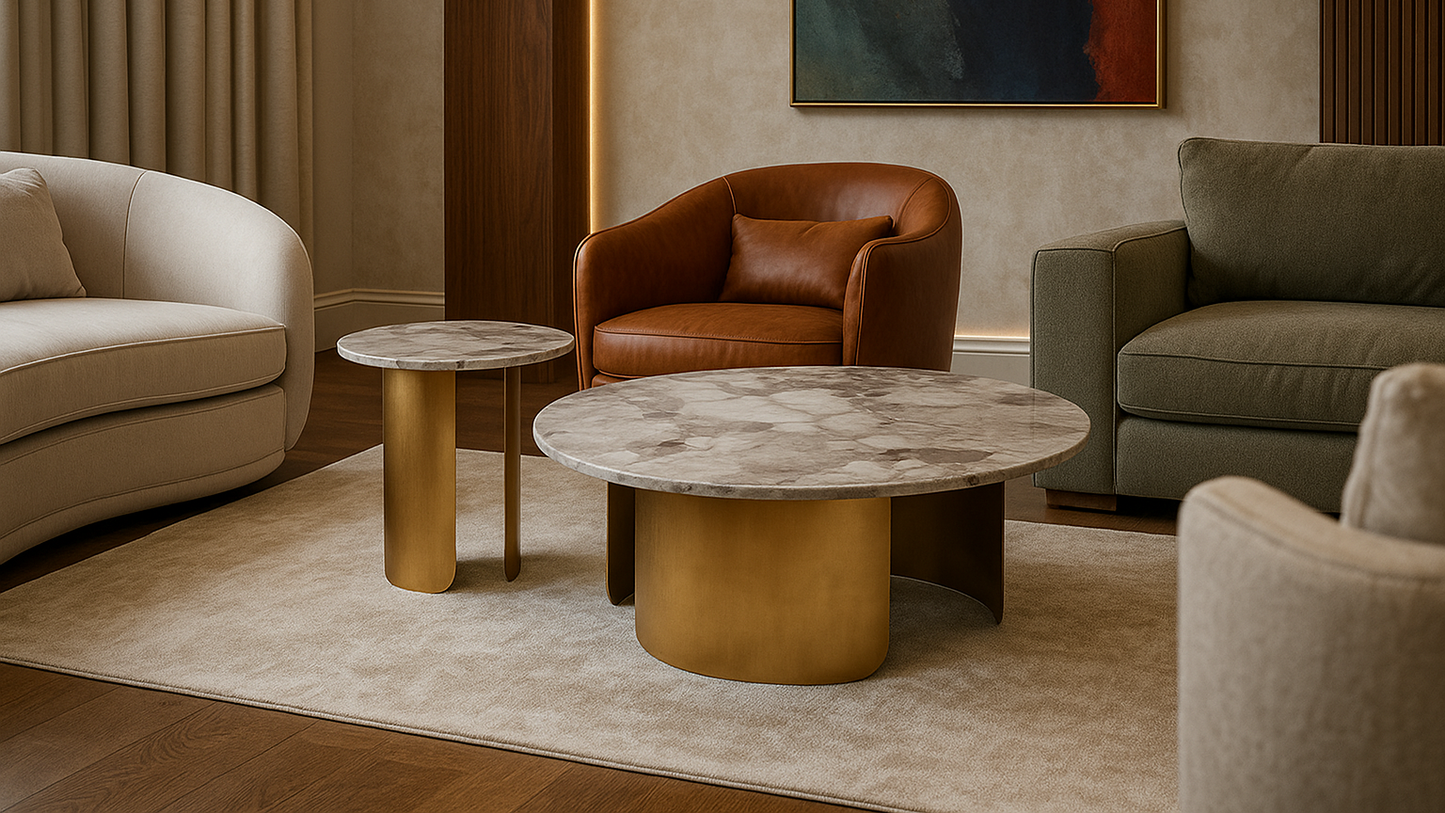 Luxury Round Gold Marble Center Coffee Table Set with Dual Design
