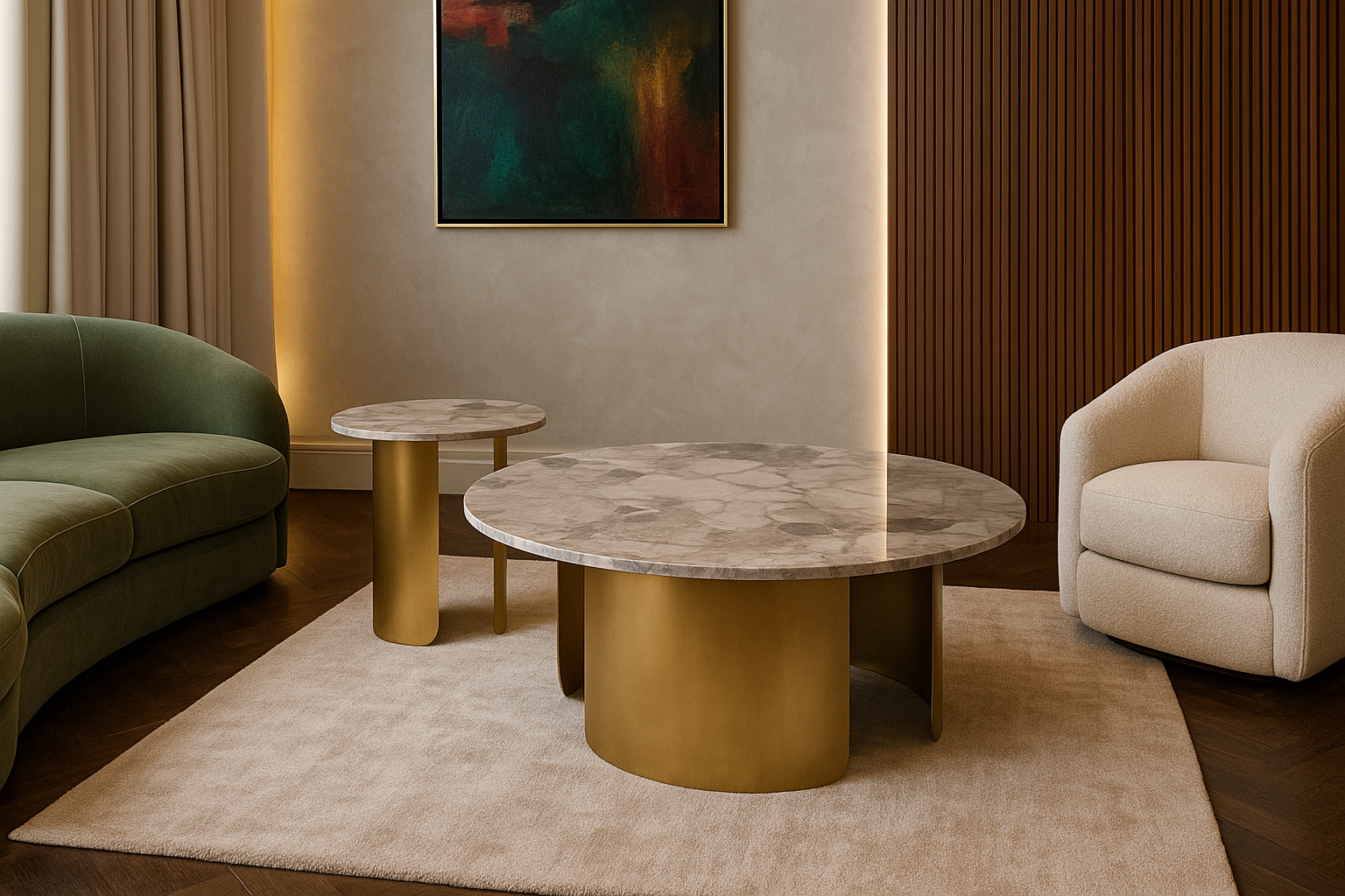 Luxury Round Gold Marble Center Coffee Table Set with Dual Design
