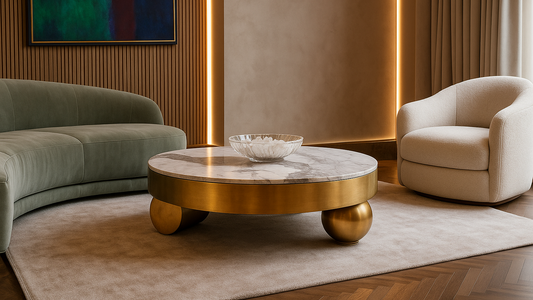 Round marble center coffee  table with antique gold spherical legs and luxury sculptural base