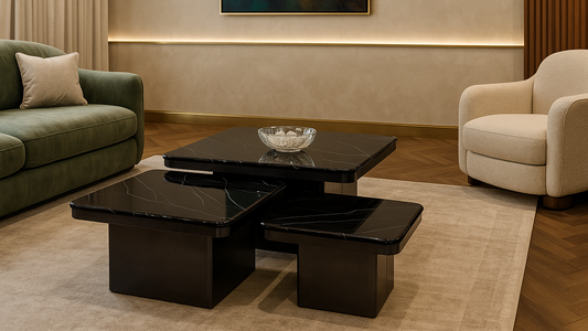 Set of three luxury black marble center coffee tables with white veining and cubic black bases in nesting form


