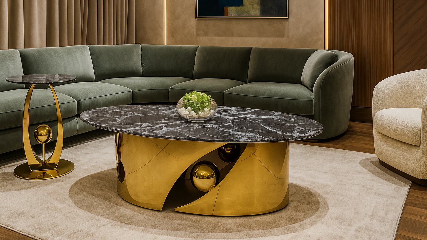 Luxury black marble center coffee table with golden orb base and sculptural form by TAS Living

