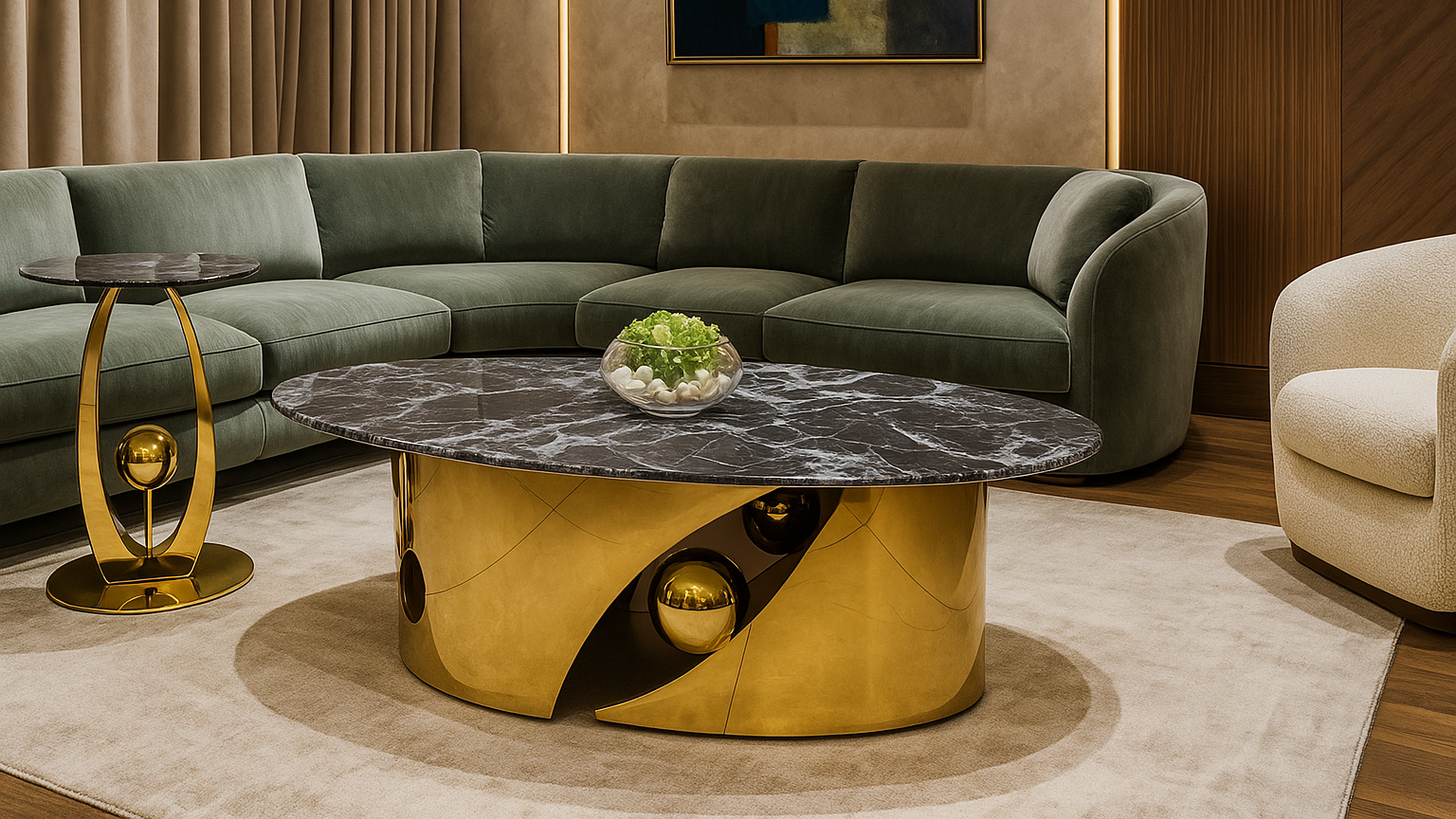Luxury black marble center coffee table with golden orb base and sculptural form by TAS Living

