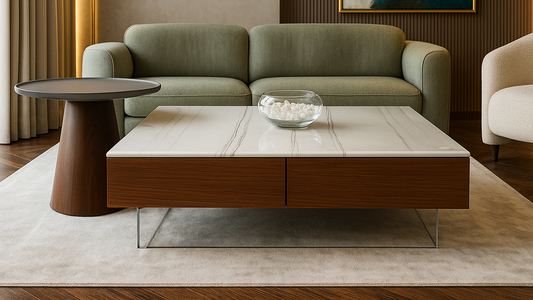Modern marble and walnut center table with acrylic base and round taupe side companion

