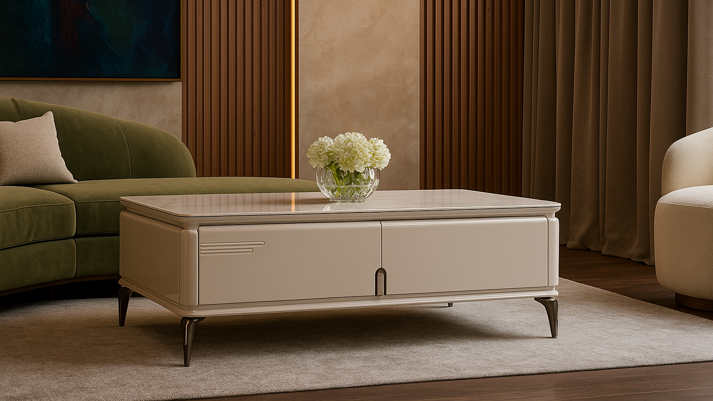 Elegant white center coffee table with marble top and brushed metal detail from TAS Living
