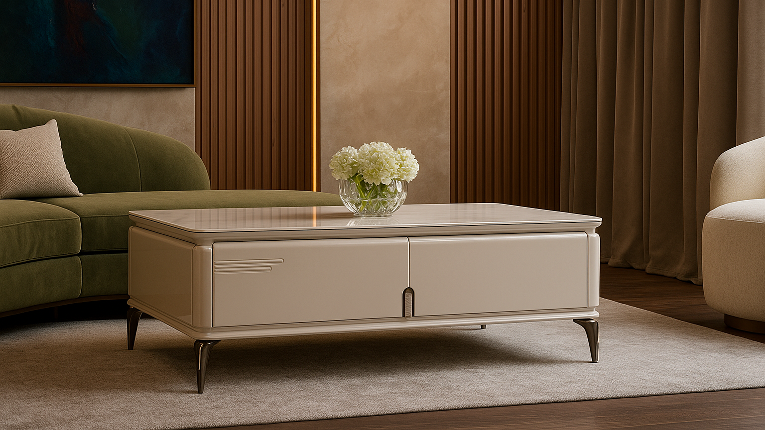 Elegant white center coffee table with marble top and brushed metal detail from TAS Living
